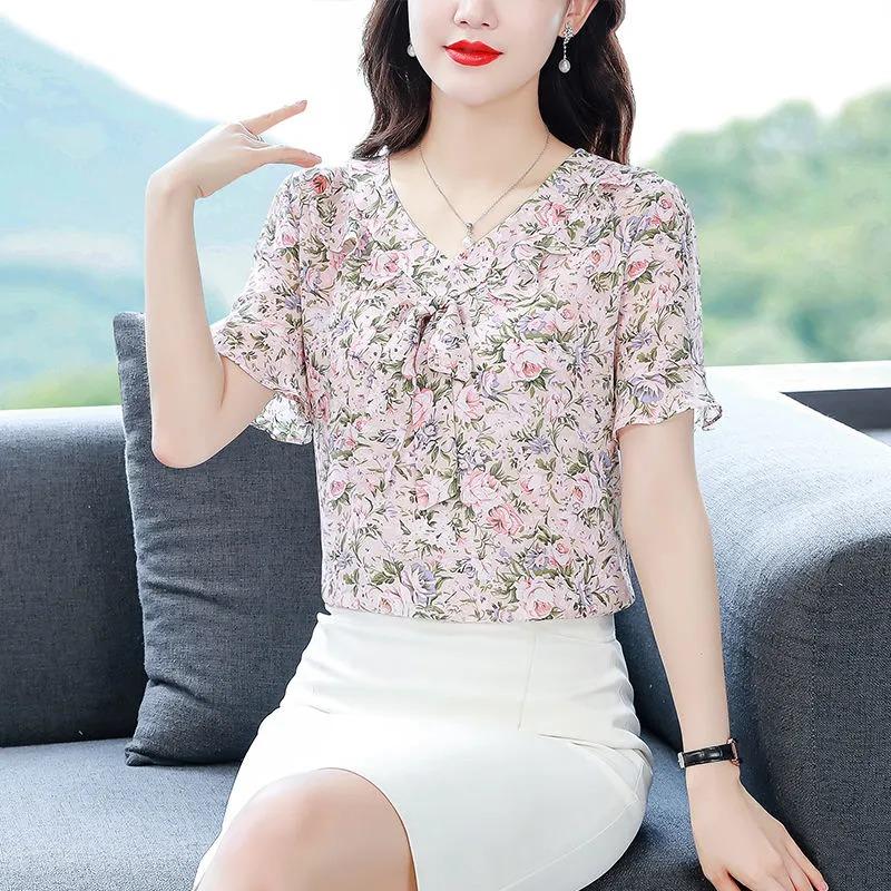 Kwiecista szyfonowa koszula z krótkim rękawem dla kobiet, letnia, nowa moda, wysokiej klasy, zagraniczny styl, wszechstronna i piękna koszula, top, lato