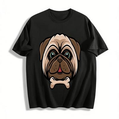 Cute Pug Holding Bone Graphic Print Casual Top Pure Cotton T-shirt
