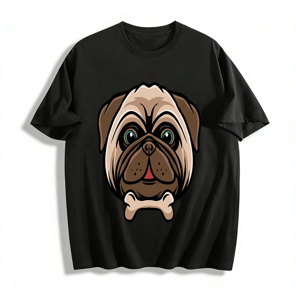Cute Pug Holding Bone Graphic Print Casual Top Pure cotton T-shirt XXS