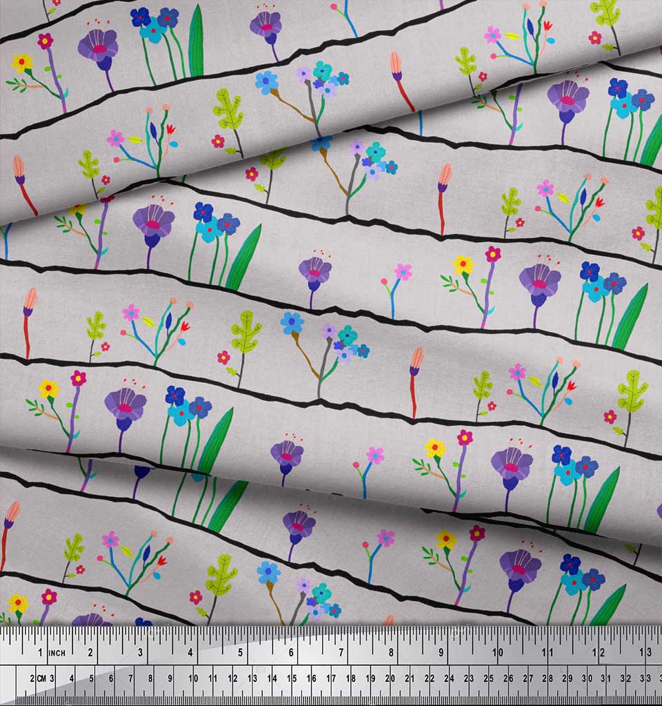 Soimoi Gray Japan Crepe Satin Fabric Artistic Leaf & Floral Fabric Prints By Metre 42 Inch