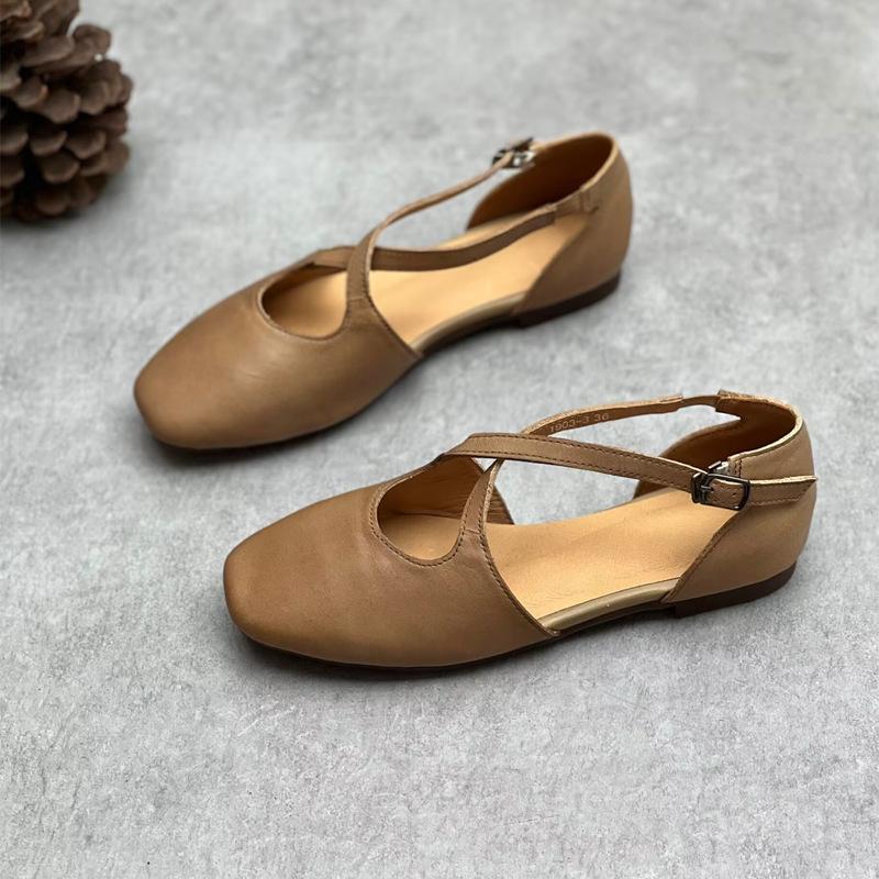 Johnature Handmade Genuine Leather Shallow Buckle Strap Sandals Versatile Soft Cowhide Women's Flat Shoes