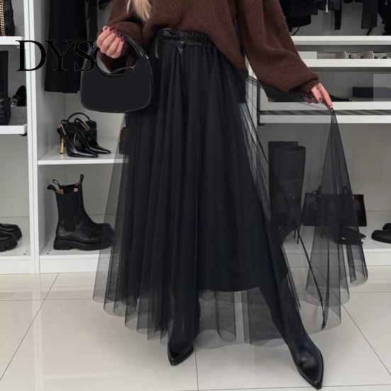 Polyester Mesh Skirt Women's Tulle Skirts High Waist Midi Black Flowy Flattering Design Party Dress Long Tutu for Wedding Cocktail Prom Trendy Women