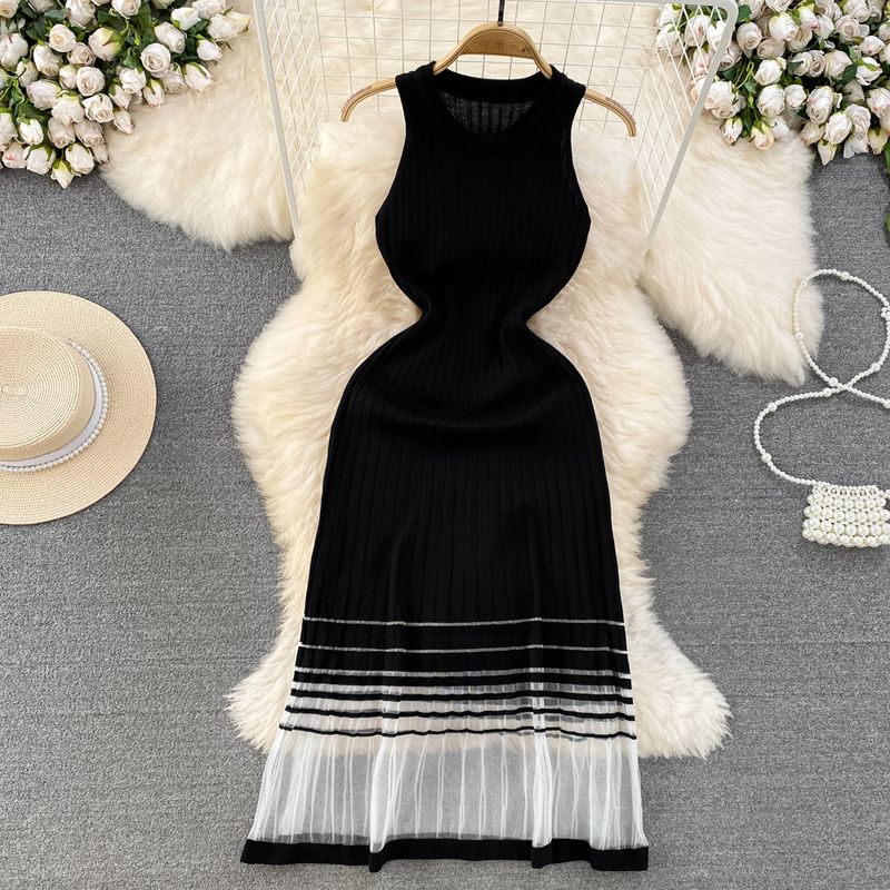 

Summer 2024 Fancy Socialite Elegant round Neck Waist Trimming Slim Looking A- line Gauzy Patchwork Knitting Vest Dress Black All yards