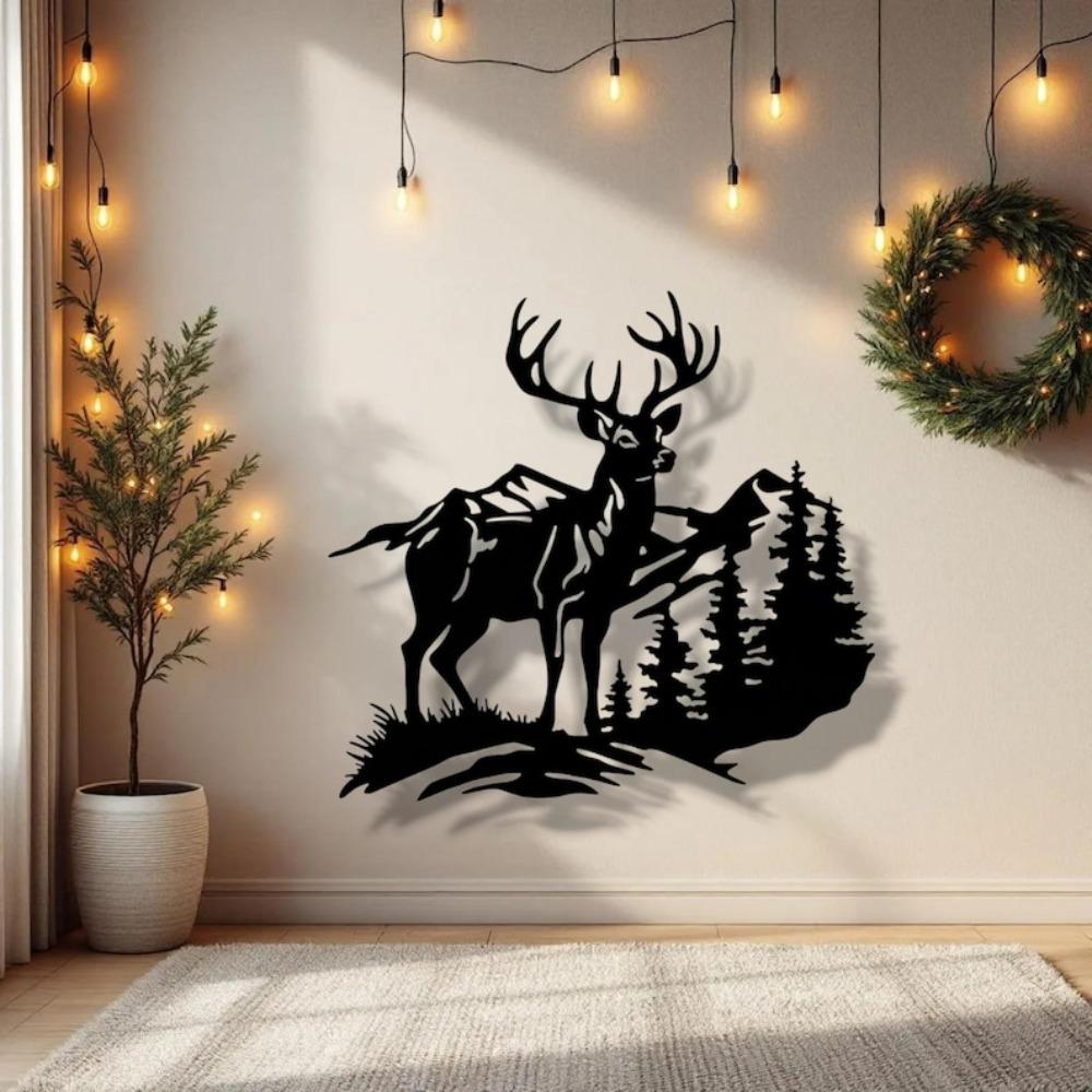 Forest Wildlife Metal Wall Art Deer Mountain Silhouette Steel Sculpture Home Decor