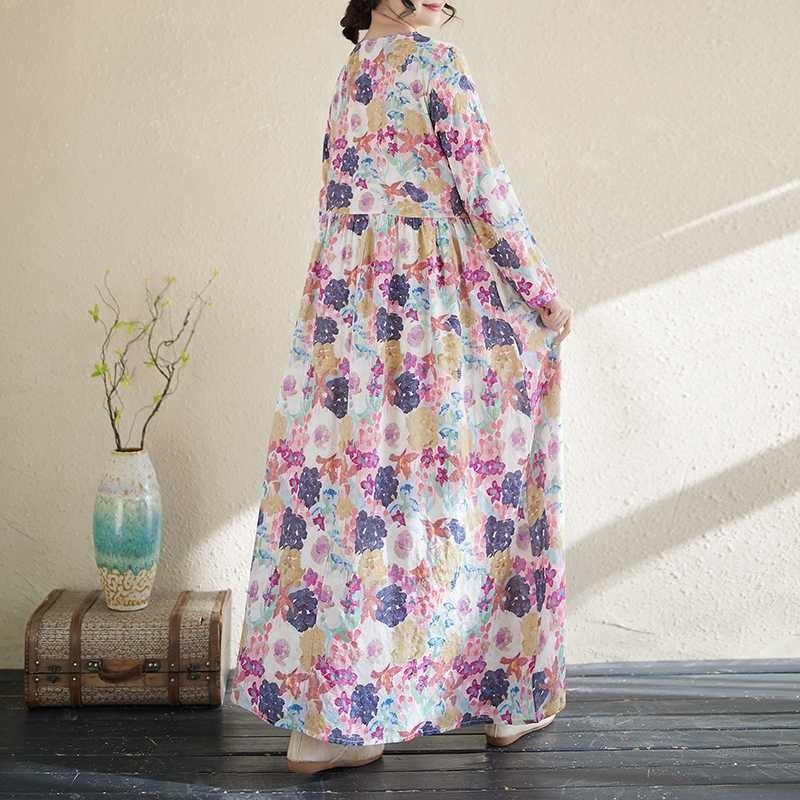 Literary Aging New Floral Vacation Style Travel Round Neck Long Sleeve Dresses