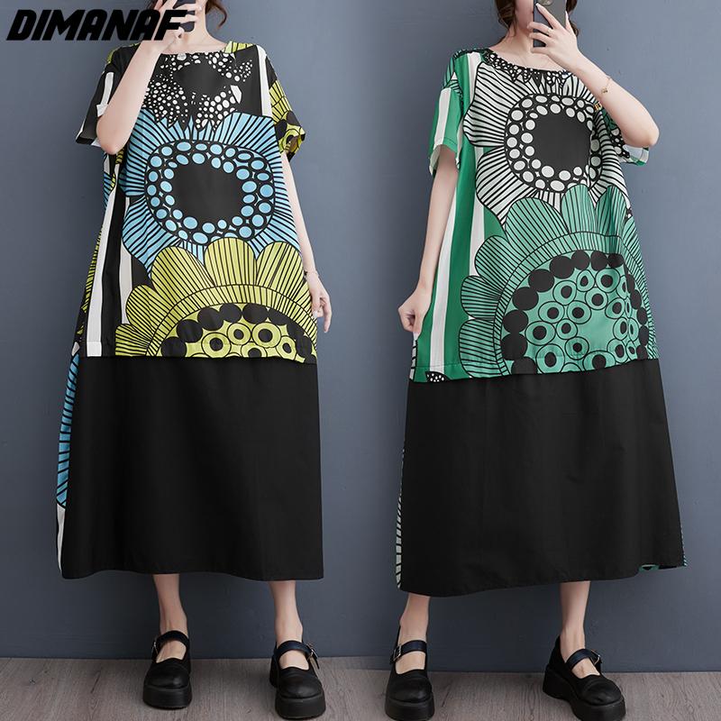 

DIMANAF 2024 плюс размер летнее свободное платье-рубашка женское повседневное женское винтажное платье с круглым вырезом с принтом длинные платья One Size зелёный