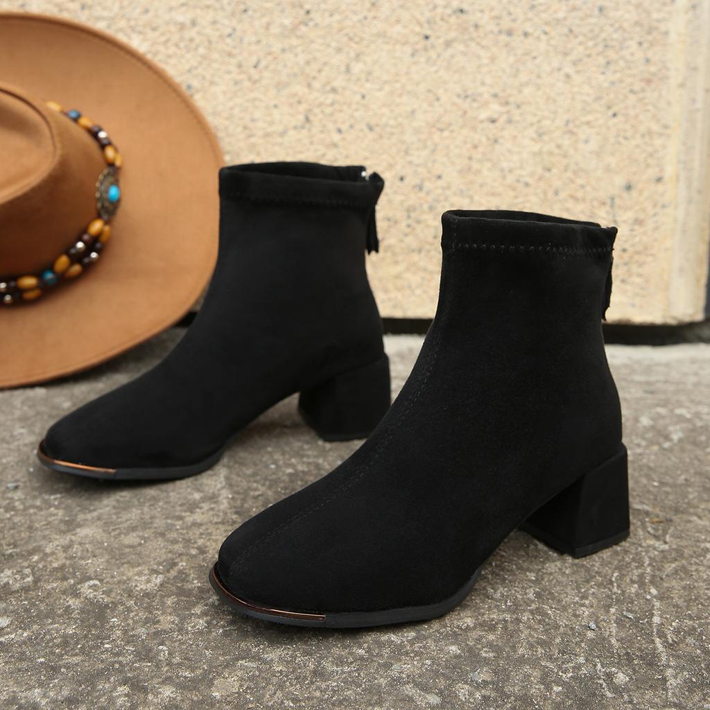 French suede high-heeled short boots for women 2025 autumn and winter retro European and American thick heel square head rear zipper thin Martin bo