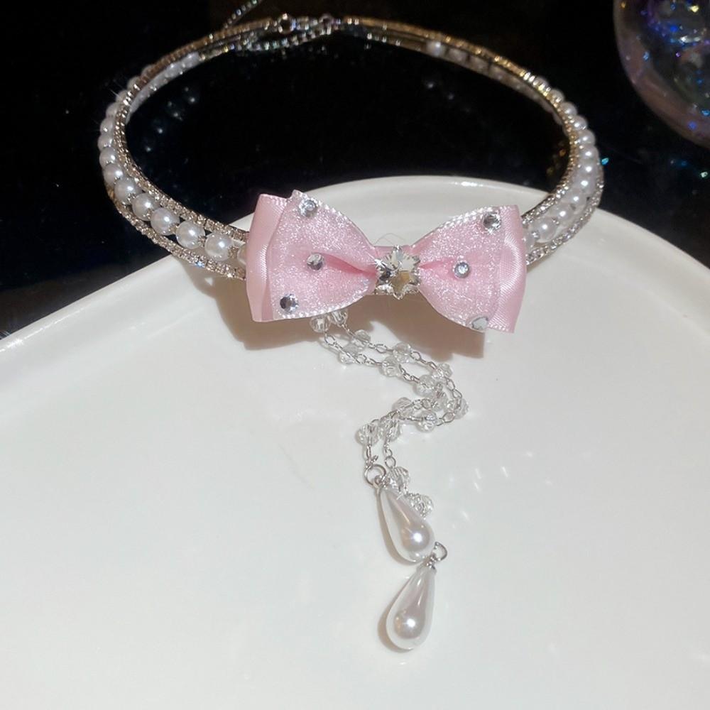 Tassel Pearls Rhinestone Choker Silver Shiny Neck Jewelry Personalized Bow Beads Necklace  Bride