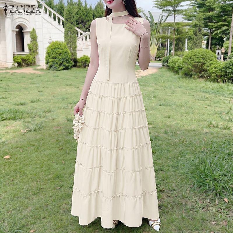 ZANZEA Damen Freizeit Rundhals Sommer Ärmellos Elegant Langes Kleid