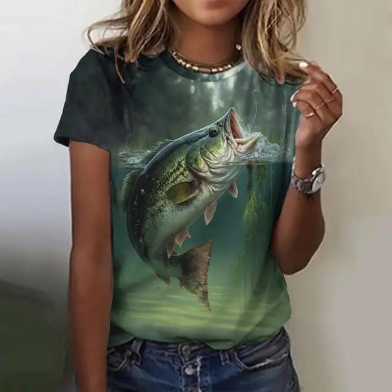 Women's Summer Fashion Casual Loose Plus Size Pattern Fish Print Round Neck Short Sleeved 3D T-shirt Top 6XL