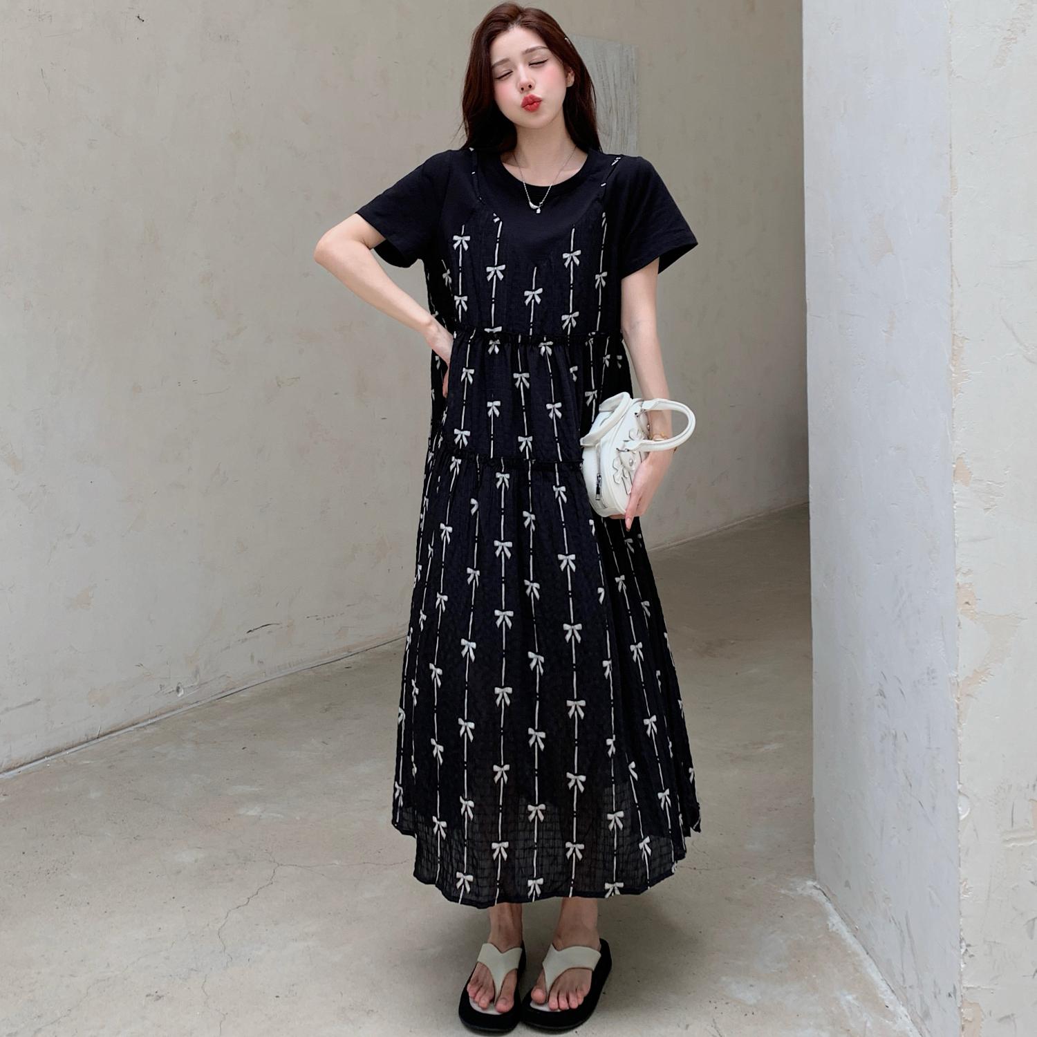 

DIMANAF 2025 Летнее платье больших размеров для женщин Свободное повседневное платье Базовое винтажное платье с коротким рукавом и принтом в виде банта 3XL чёрный