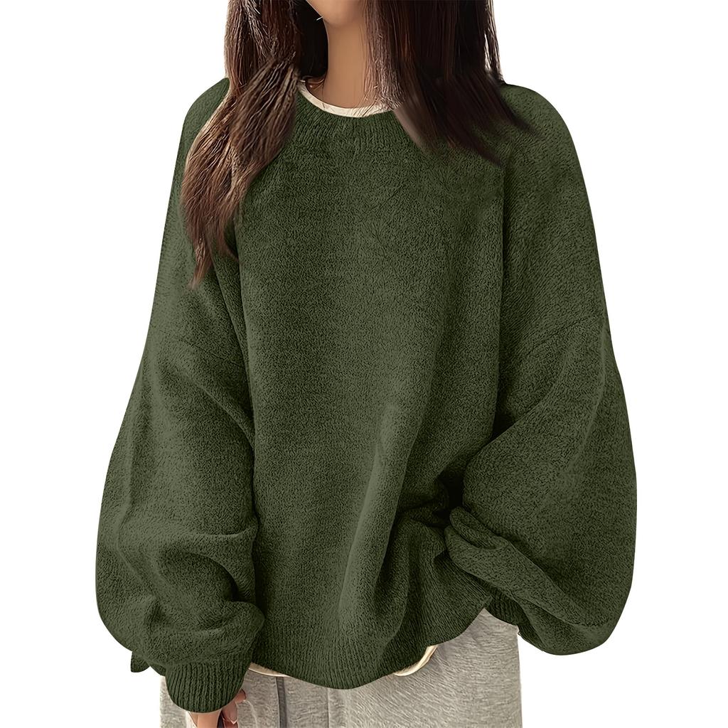 Women's Fashion Casual Loose Pullover Solid Color Round Neck Long Sleeve Knit Sweater