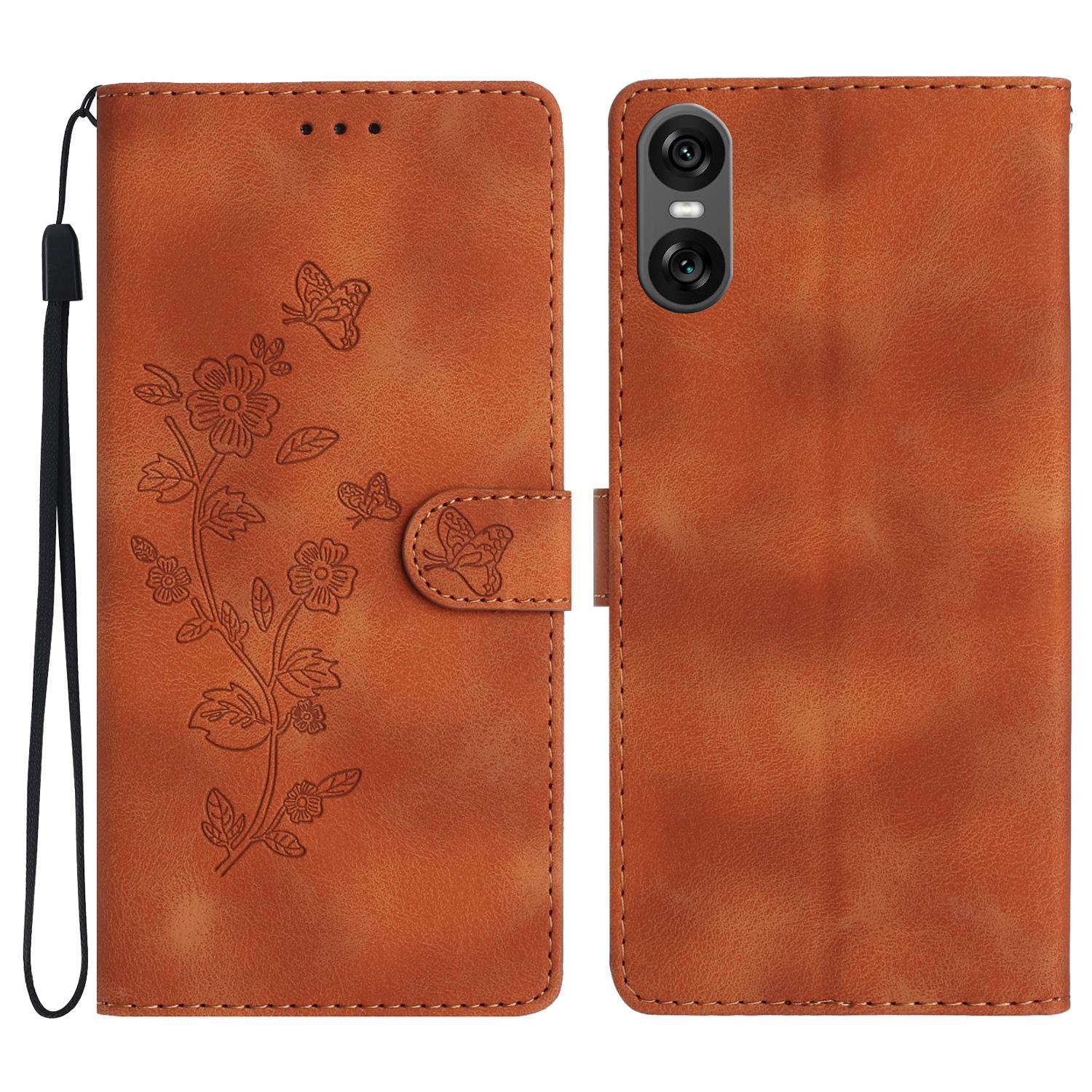 

For Sony Xperia 10 VI Case Leather Imprinted Flower Phone Cover Wallet with Wrist Strap A