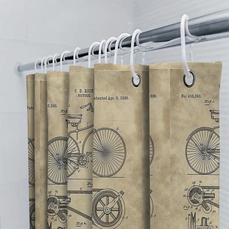 Plano de Bicicleta Vintage Decoración de Baño Arte Rústico de Ciclismo Cortina de Ducha Diagrama de Bicicleta Antigua Cortinas de Lavabo