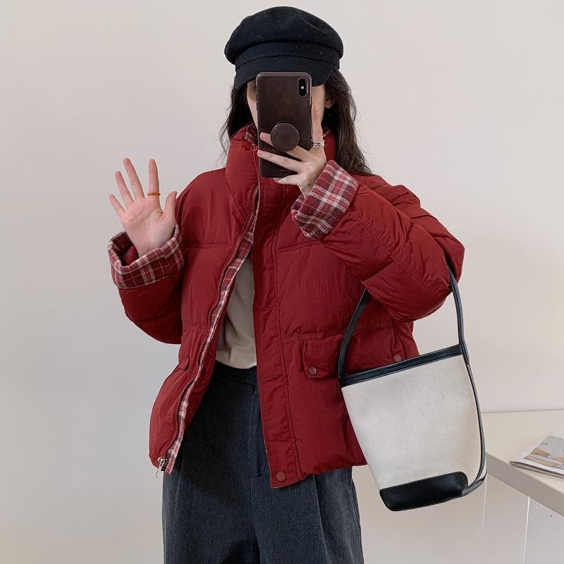

Women Winter Stand Collar Short Padded Coat Retro Plaid Patchwork Thickened Puffer Jacket S