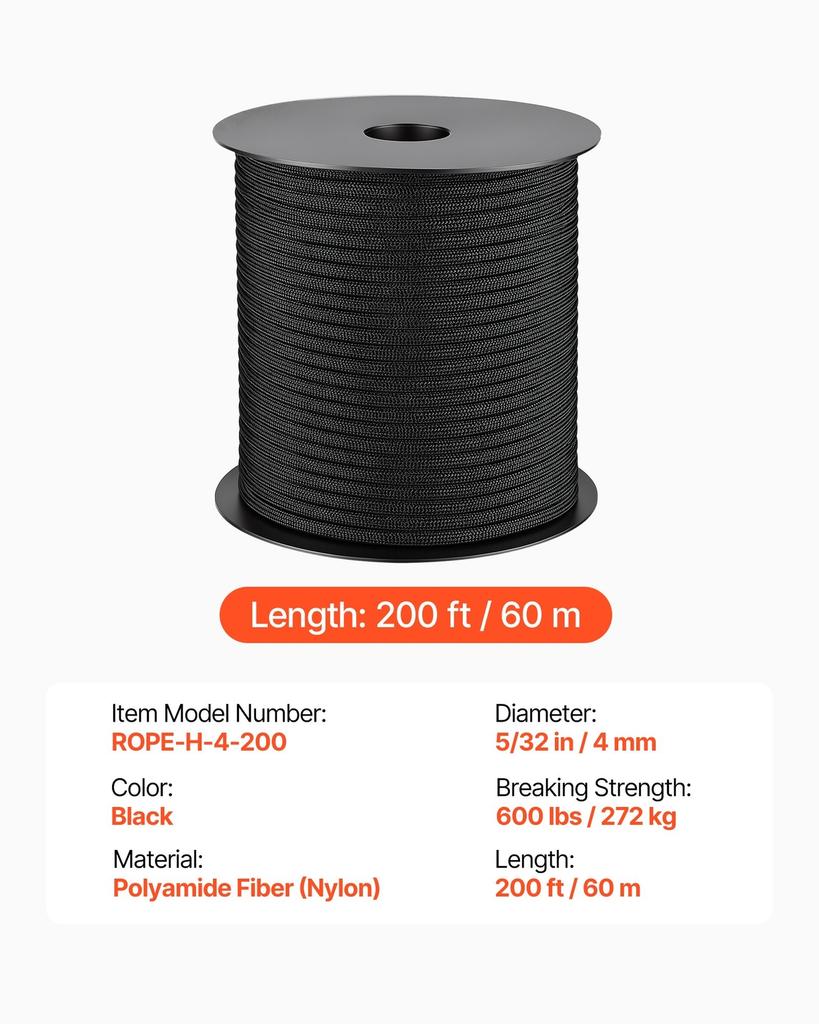 Paracord Rope 4 mm x 60 m Nylon Parachute Cord 550 Tactical, Survival Cord, Heavy Duty 7 Strand, 272 kg High Breaking Strength, Utility Rope, for