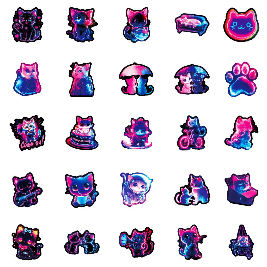 56Pcs Neon Light Animal Cat Cartoon Stickers Aesthetic Decal Diy Skateboard Phone Cup Suitcase Cute Decoration Sticker For Kid
