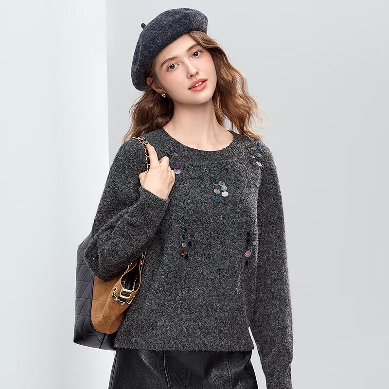 BETU Women's Round Neck Sequin Drop Shoulder Sweater