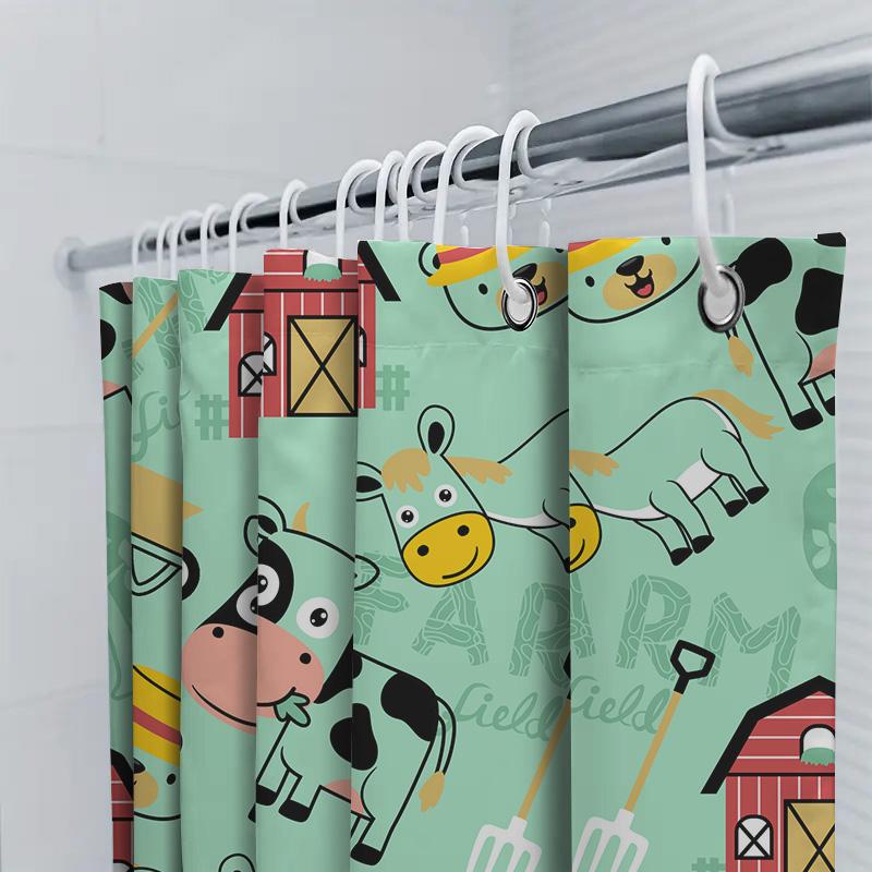 Duschvorhang mit Bauernhoftierdruck Badezimmerdeko Heimtextil Wasserdichter Stoff Blau Grün Gelb Kuh Pferd Roter Scheunenstil