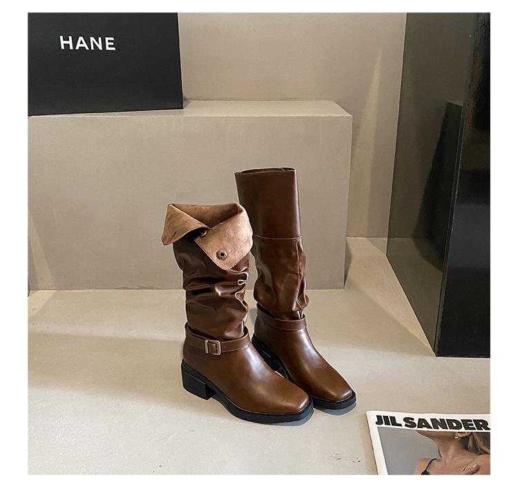 Women's Cowhide Retro Thick-Soled Over-the-Knee Western Boots with Two-Way Belt Buckle and Stacked Heels