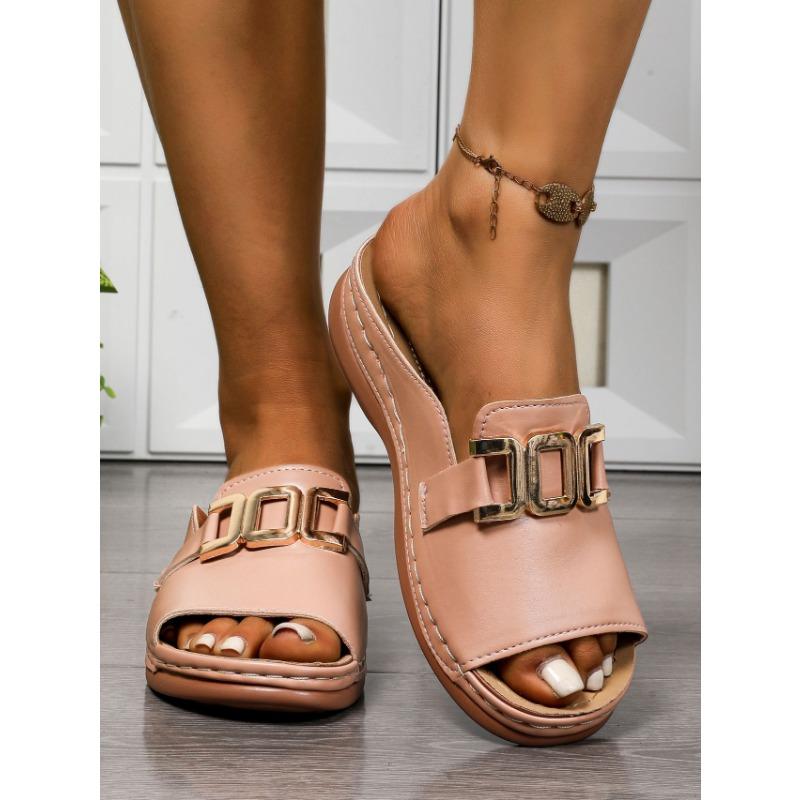 Large Size New Slope Heel Platform Slippers Women's Casual Fashion Simple Metal Buckle Fish Mouth Sandals