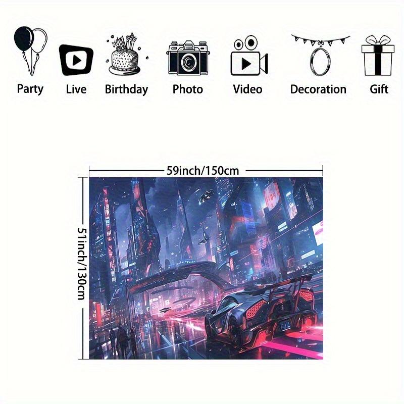 1pc Neon City Nightscape & Cool Sports Car Wall Tapestry - Vibrant 2D Printed Polyester, Clip-On Installation for Bedroom & Livi