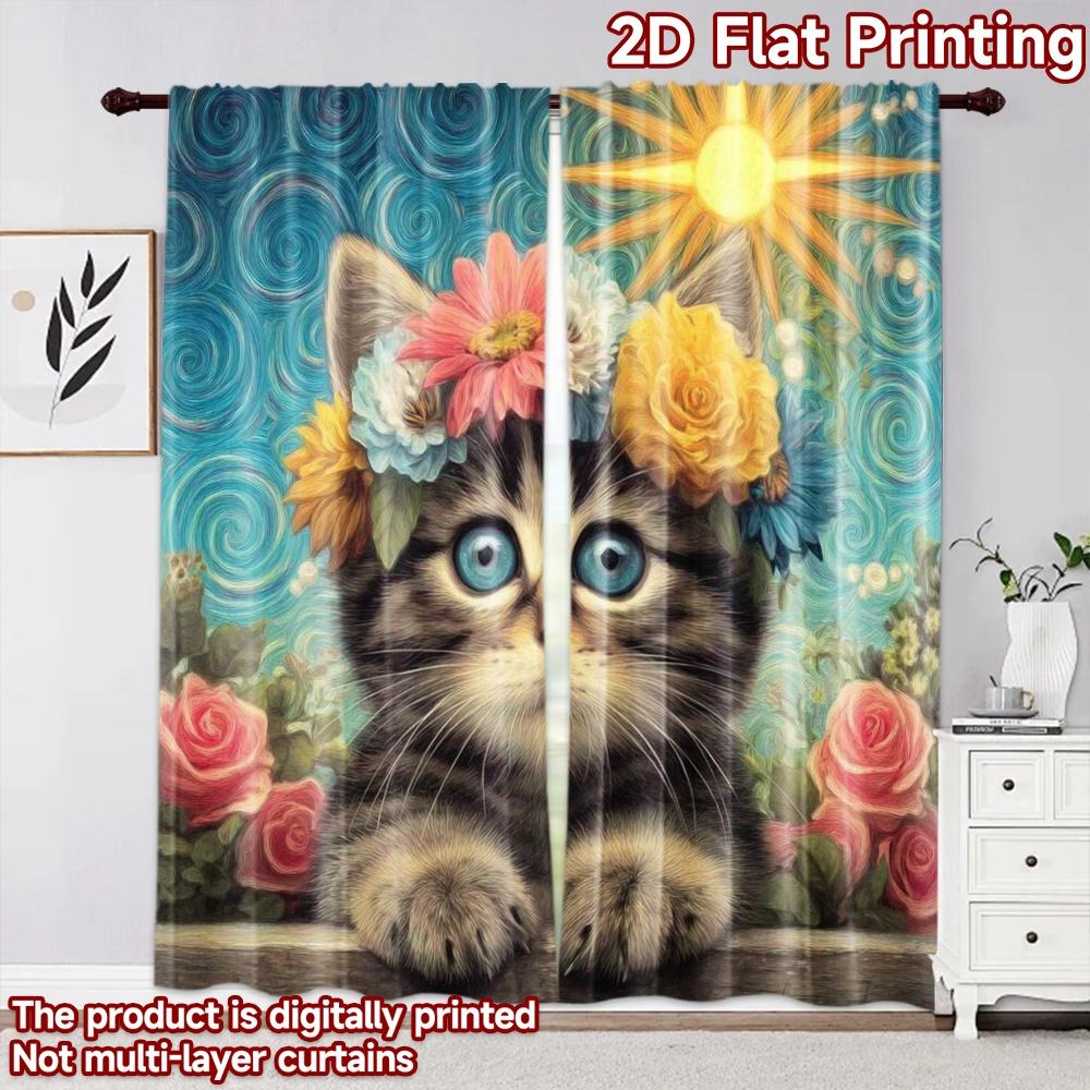 2D flat printing 2pcs Curtain Curtain Spring Kitten with Flowers Digital Printed Polyester Drapes Party Decorations Use for