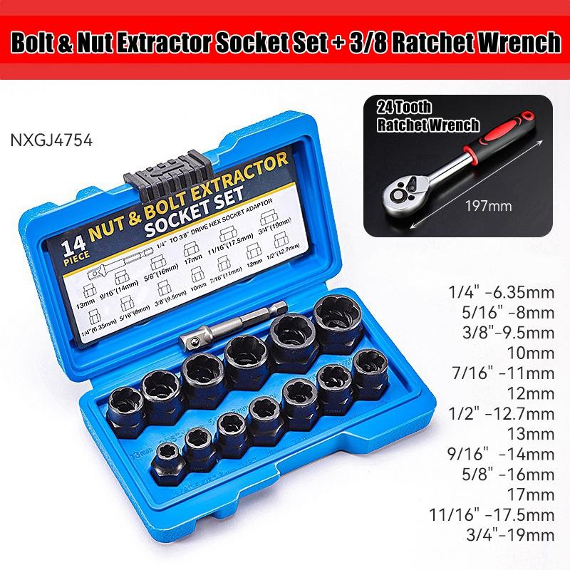 14pcs/set Impact Bolt & Nut Remover Set Cr-Mo Steel Bolt Extractor Tool Set with Solid Storage Case for Industrial Drop Shipping