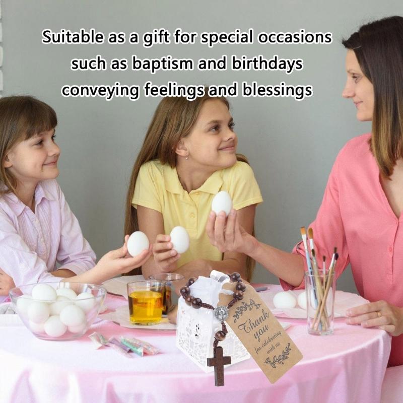 Wooden Crosses Beads Rosaries Bracelets Set For Baptisms Gift With Hollowout Paper Box Thank You Card Organza Pouches