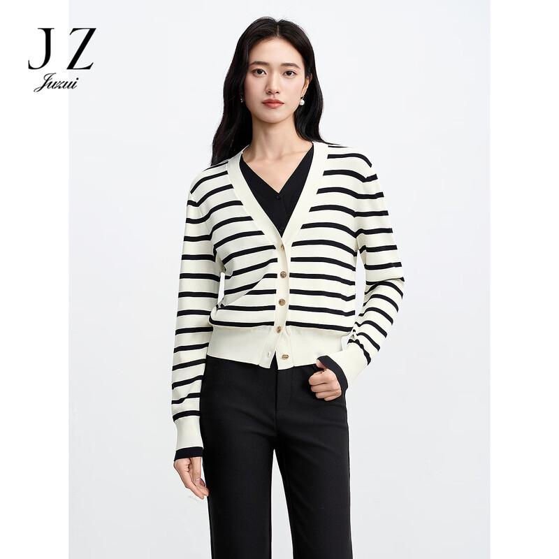 JUZUI Women s 2026 Spring Fashion Striped Faux Two-Piece V-Neck Knit Sweater S