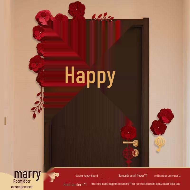 Complete Set of Double Happiness Door Stickers for Wedding Decorations in Bride's and Groom's Rooms