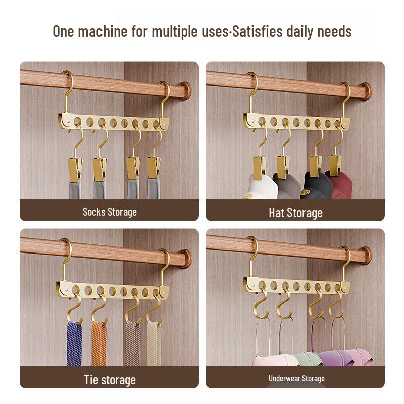 Aluminum Alloy Folding Eight-Hole Hanger with Single Hook for Versatile Wardrobe and Laundry Storage