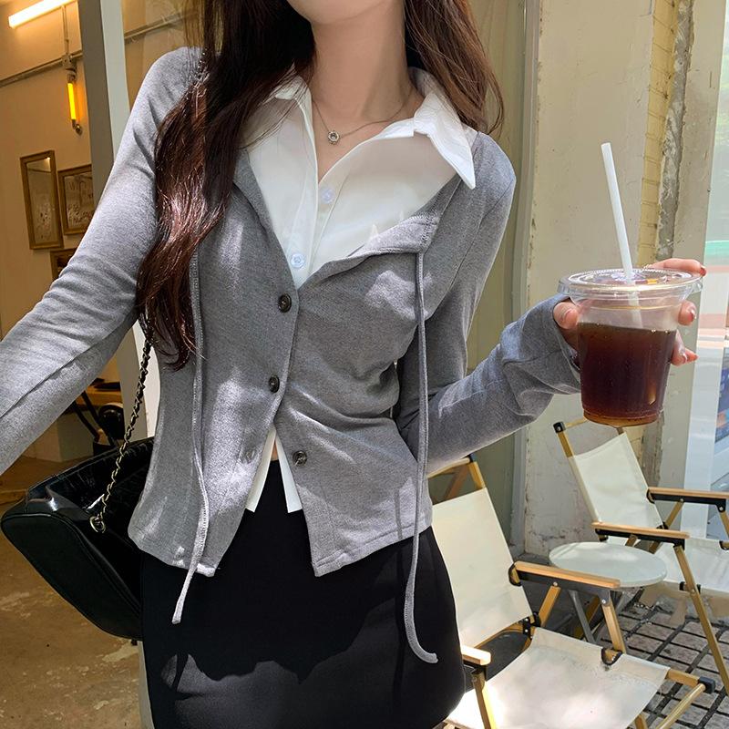 

Колледж стиль поддельные два воротника поло серый вязаный кардиган женский ранняя осень новая талия короткий топ XL