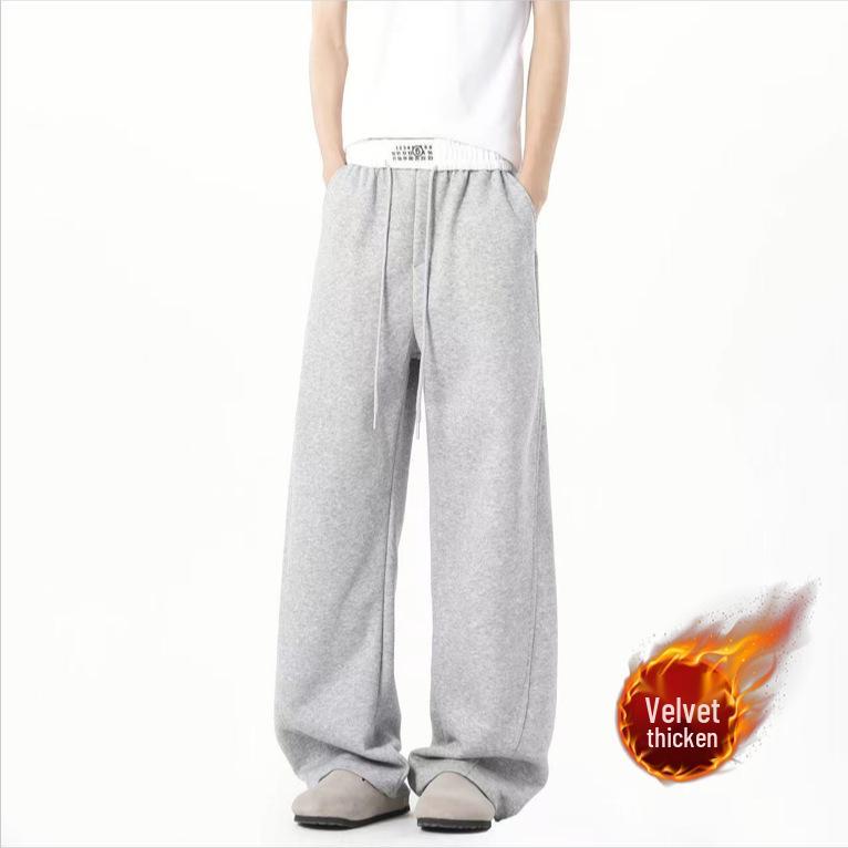 Men's Fleece-Lined Straight Leg Sweatpants - Solid Color, Loose Fit, Autumn/Winter Casual Style