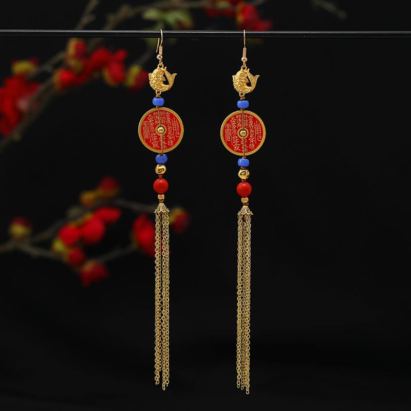 Original Mountain Ghost Spends Money On Copper Coin Earrings, Women's Antique Hanfu Long Fringed Earrings, Niche Design Earrings.
