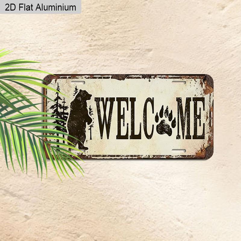 2D Flat, 1pc "WELCOME" Bear & Paw Print 12''x6'' Aluminum Sign, Rustic Cabin & Woodland Style Wall & Car Decor for Entryway, Porch, Lake House