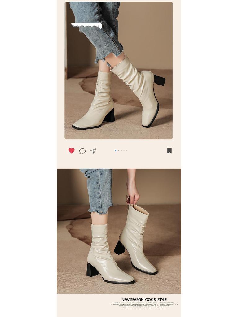 Pleated Retro French Ankle Boots with Velvet Lining, Mid-Calf Height, Back Zipper, and Slim Square Toe for Women.