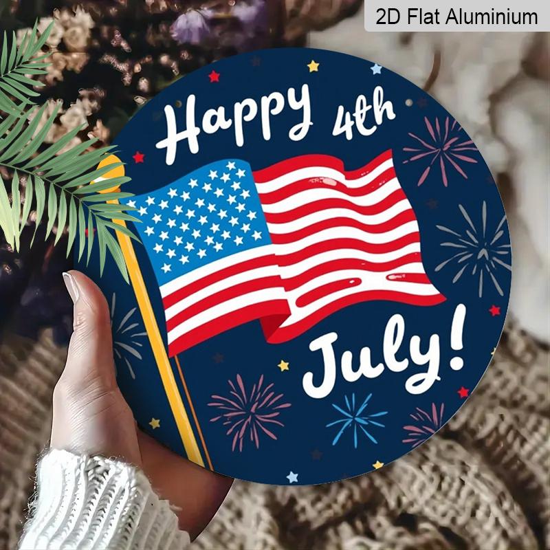 2D Flat 1pc, 8x8 In, Happy Fourth of July Round Aluminum Metal Sign, Fireworks & Stars Design, Inspired Wall Art for Living Room, Bedroom, Porch