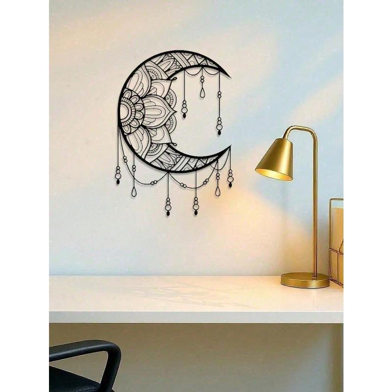 Moon Phase Mandala Wall Art Bohemian Metal Decor with Healing Crystals