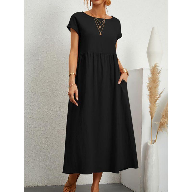 Short-Sleeve Pocket Women's Dress Short Sleeve Loose Pockets round Neck Pleating Dress