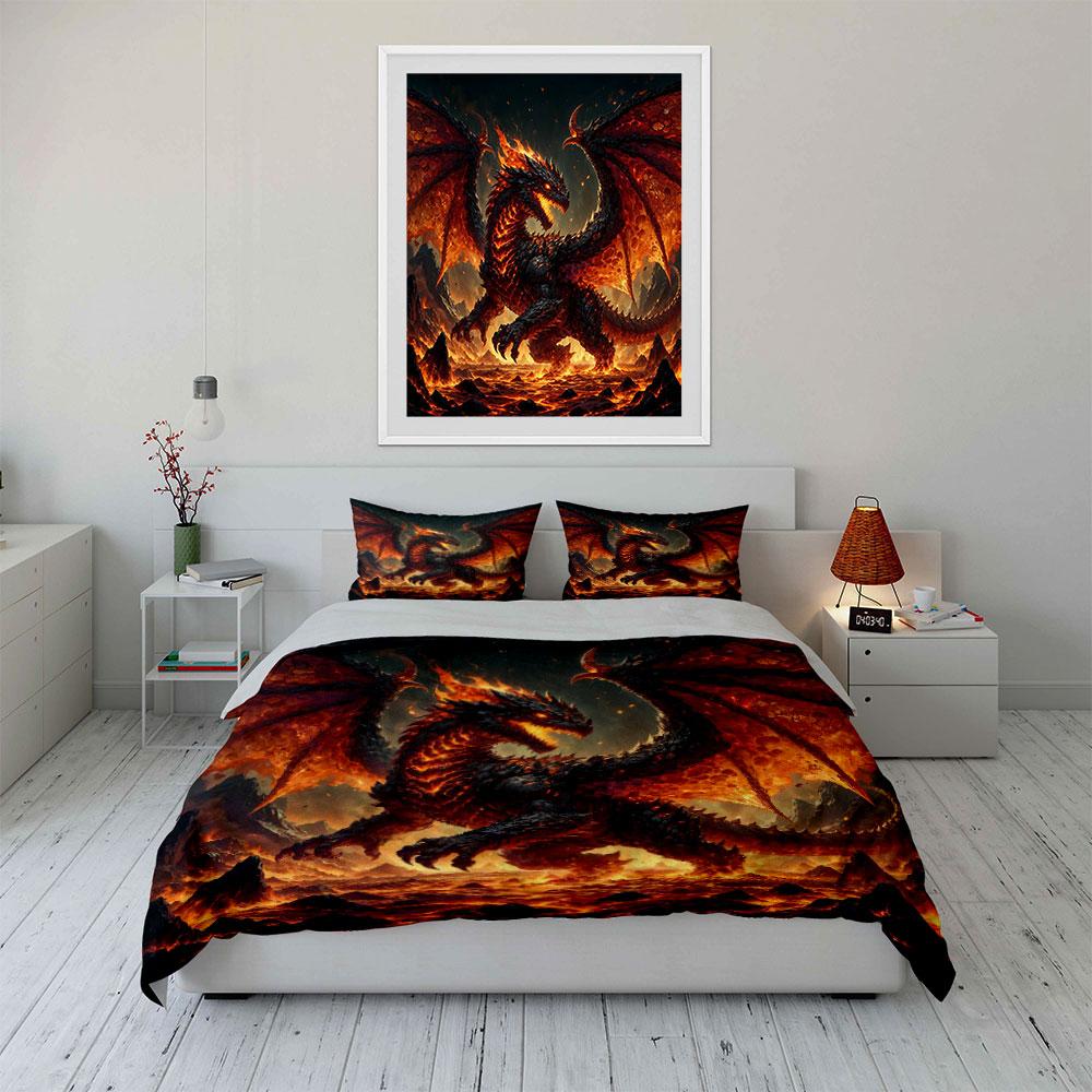 Fiery dragon soaring over lava Bedding Set for Kids Luxury Gift 3pcs Digital Print Comforter Set Soft Comfortable Breathable