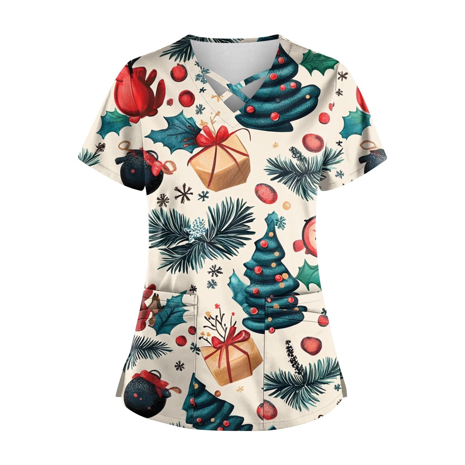 

Женская рождественская принтованная рабочая униформа с V-образным вырезом и карманом, защитная рабочая униформа XL белый