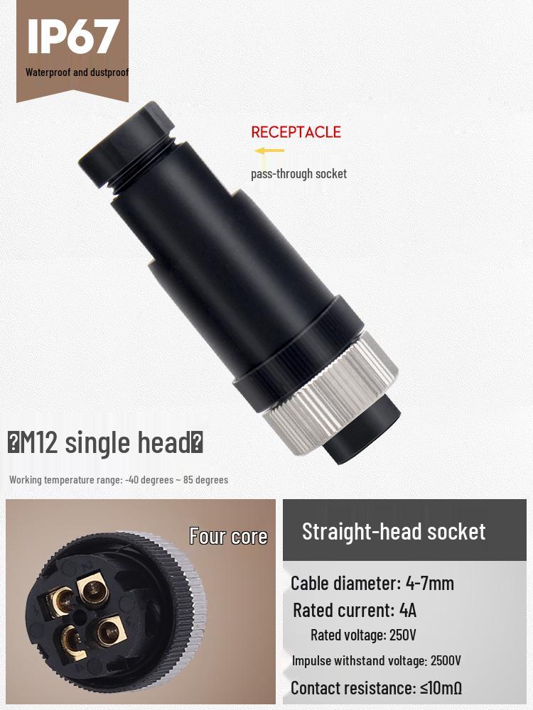 M12 Waterproof Sensor Connector: Male & Female Aviation Plug, 34-Pin, 5-Hole, 8P, Straight & Elbow, Three-Core Socket.