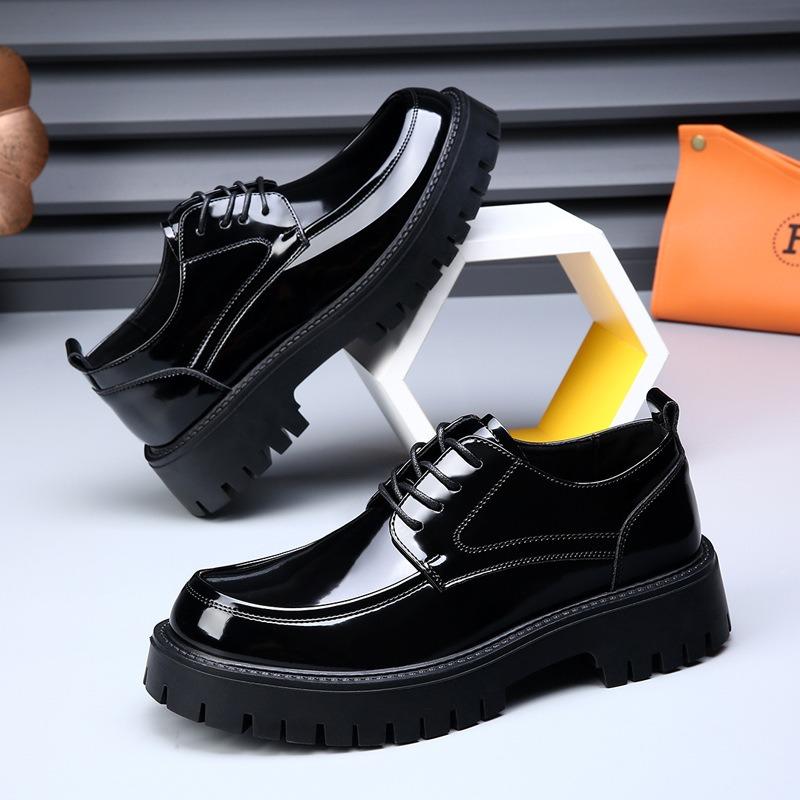 Spring and Summer New Breathable Men's Big Head Leather Shoes Platform Sole Patent Leather Glossy Business Casual Shoes Hairstylist Trendy Shoes