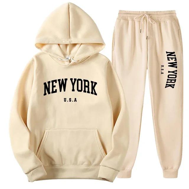 Men's New York Print Casual American Style Autumn Hoodie Set