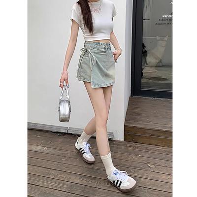 Fake Two-piece Denim Shorts for Women In Summer A-line High-waist Irregular Fashionable Strap Skirt Pants