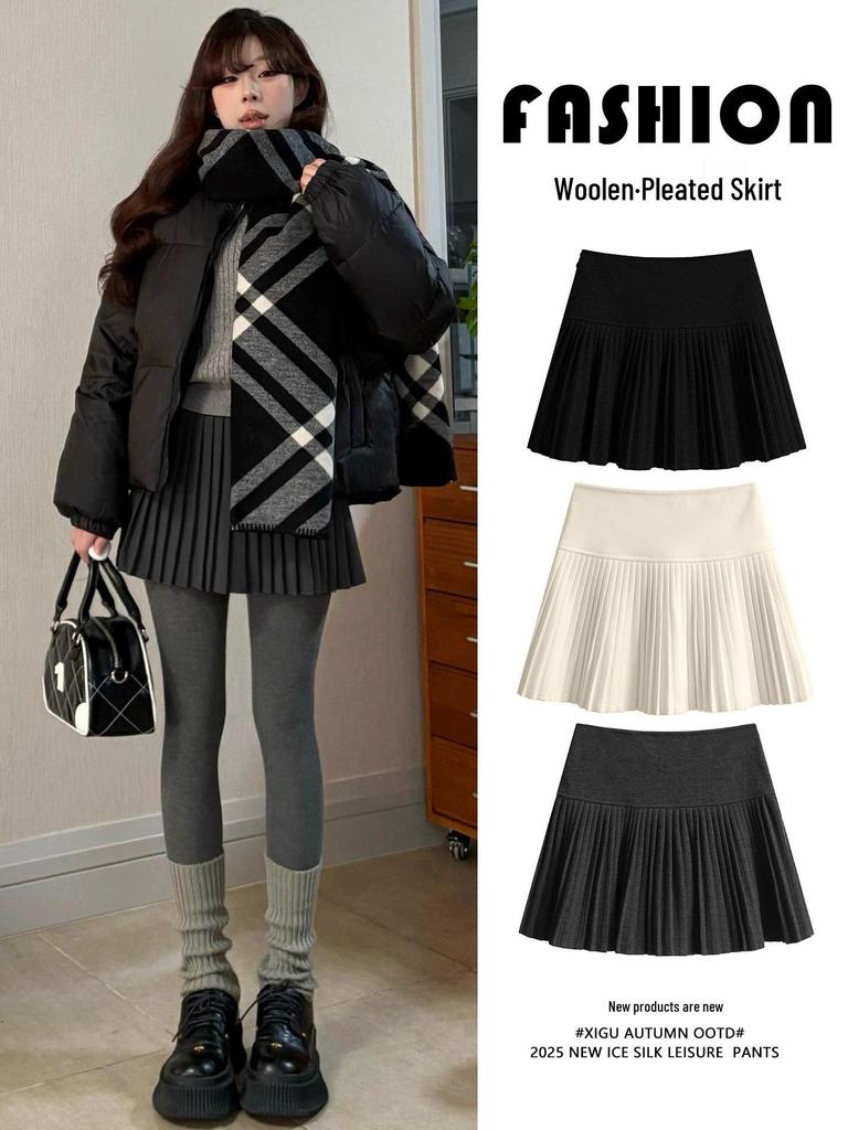 2026 Women's Gray Wool Pleated A-Line Skirt - High Waist, Spring/Autumn Collection