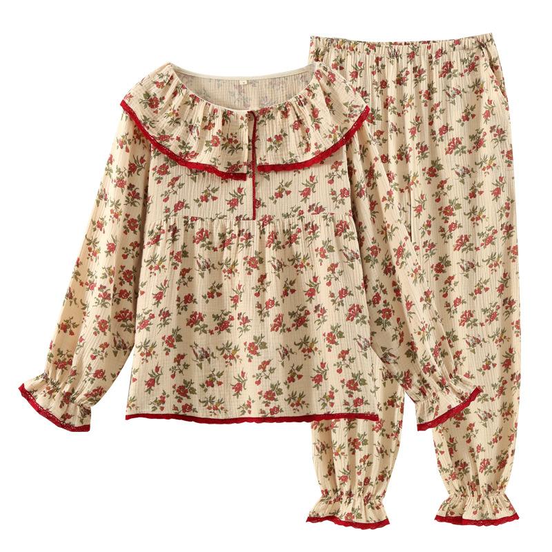 Double-layer Yarn Thin Pajamas Women's Pure Cotton Crepe Retro Sweet Doll Collar Loungewear Long-sleeved Trousers Set Spring and Autumn