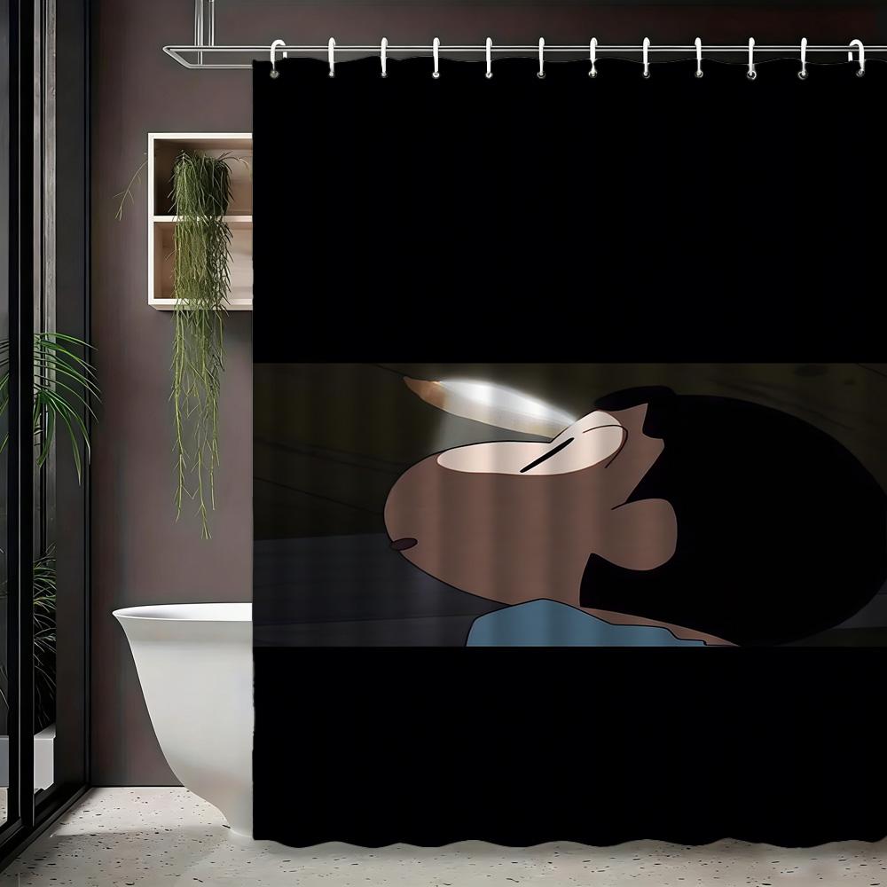 Crayon Shin-Chan & Friends School Uniform & Robot Statue Scene 2D Print Waterproof Shower Curtain, Blue & Yellow Bathroom Decor