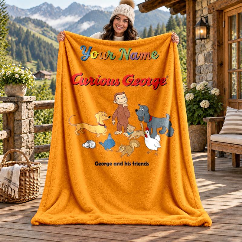 Curioso George Custom Name Flannel Blanket Personalized Soft Warm Plush Throw Blanket Customized Gift for Family Friends